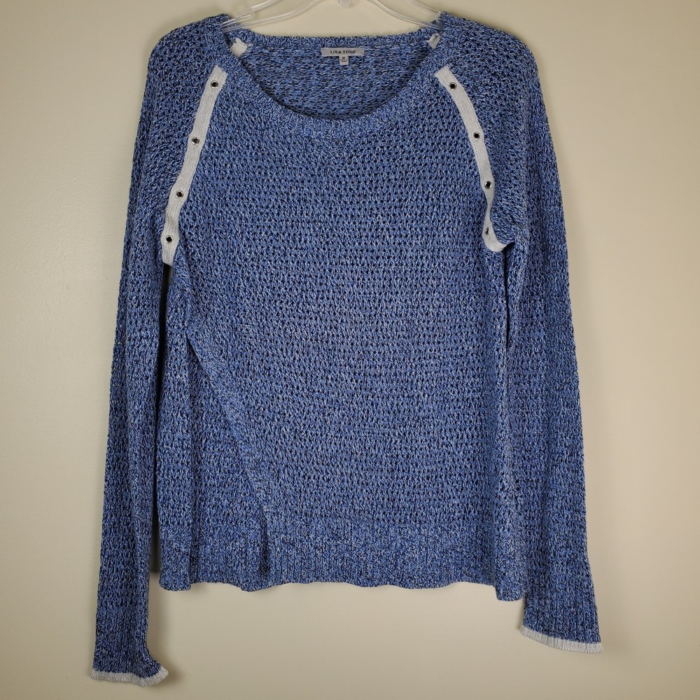 Lisa Todd Cashmere Cotton Blend Pullover Sweater Blue Medium Open Knit Coastal